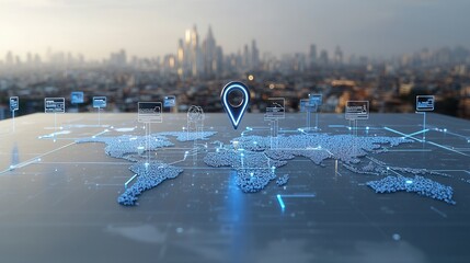 Poster - A digital world map displayed in cool blue tones with a radiant and vibrant visualization of global connectivity infrastructure and data analysis