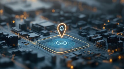 Poster - This image showcases an elegant and futuristic visualization of a highlighted pin or marker on a world map representing advanced digital mapping location tracking and connectivity technologies