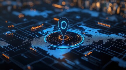 Poster - A sophisticated location indicator standing prominently on a detailed futuristic digital map with a sleek blue backdrop representing advanced navigation and geospatial technologies