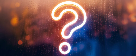 Poster - Neon large question mark on rain-covered glass, blurred city lights background. Represents uncertainty, inquiry, or seeking answers.  Suitable for mystery, investigation concepts.