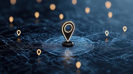 Poster - A futuristic digital map visualization depicting a glowing location marker representing the interconnectivity and advanced technology shaping the future of travel and