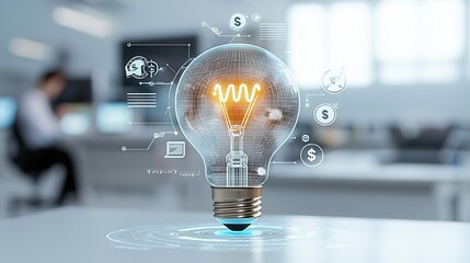 Poster - A glowing lightbulb symbolizing innovation and creativity is positioned on a sleek modern white and black background suggesting a technological digital and forward thinking environment