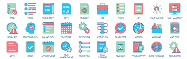 Aufkleber - Task icon set in flat color icons web design. Pack pictograms with to do, assignment, duty, project, job, list, multitasking, deadline, responsibility, timetable, workflow, other. Vector illustration.
