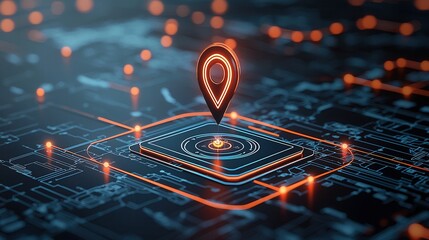 Poster - This image depicts a futuristic GPS navigation concept showcasing a digital map with a prominent pinpoint indicator representing the precise location or destination