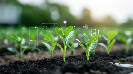 Poster - a modern farming landscape featuring advanced agricultural technology and thriving corn sprouts in t