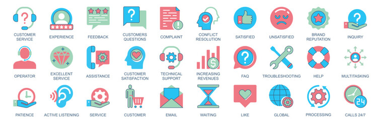 Aufkleber - Customer icon set in flat color icons web design. Pack pictograms with experience, feedback, question, complaint, conflict resolution, satisfied, unsatisfied, assistance, other. Vector illustration.