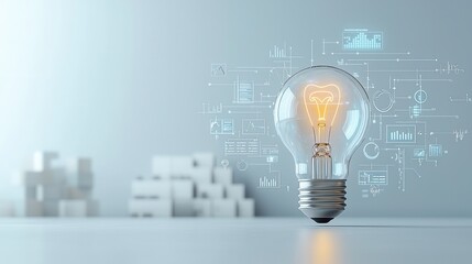 Poster - A highly detailed and 3D visualization of a glowing lightbulb showcasing its inner workings and technical components against a futuristic digital backdrop