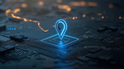 Fototapete - An abstract digital background with a glowing blue location pin symbol placed on a futuristic circuit board pattern representing modern technology connectivity and data visualization