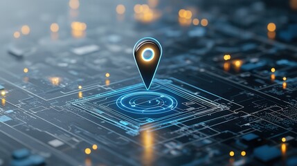 Poster - Detailed digital map of the global world displayed in a high tech blue interface with a bright pointer highlighting a specific location or point of interest