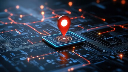 Poster - This high tech navigation concept showcases a bright location indicator against a backdrop of a digital map and circuit board