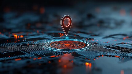 Poster - A futuristic digital visualization of a navigation pin or marker representing advanced tracking mapping and location based technologies