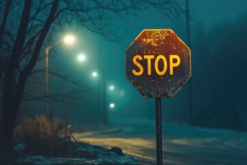 Wall Mural - Snowy Night Stop Sign