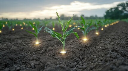 Poster - vibrant corn seedlings reaching up through the rich fertile soil in a picturesque agricultural lands