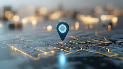 Poster - Aerial view of a city map with a bright blue location marker providing a perspective on urban infrastructure and navigation