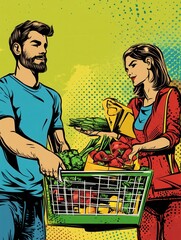 Aufkleber - People selecting groceries and managing a virtual cart in a comic book style illustration with bold lines and halftone textures