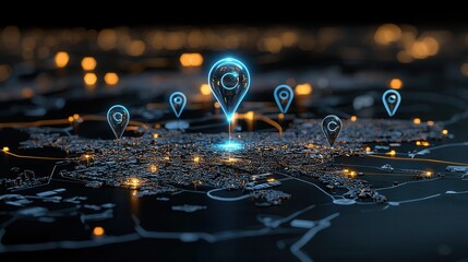 Poster - This captivating digital artwork depicts a futuristic cityscape at night with a glowing pinpoint symbol at the center surrounded by a web of radiant connections
