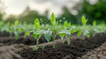Poster - a thriving modern farming ecosystem showcasing the growth of healthy corn seedlings in rich fertile 