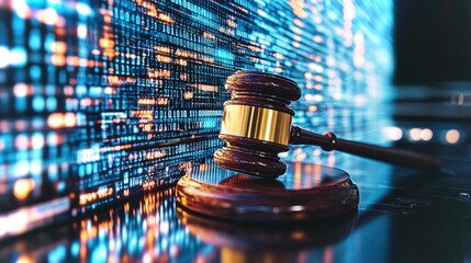 Poster - High-tech courtroom scene with gavel and digital law representation illustrating justice