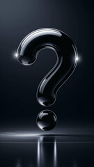 Poster - Glossy black large question mark, 3D render, dark background, reflects light, symbolizes inquiry, mystery, uncertainty,  free space for text