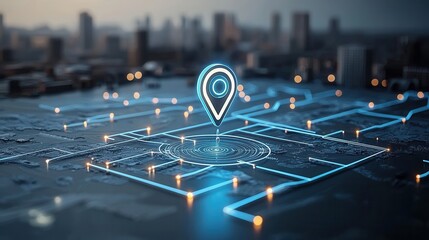 Poster - A striking digital navigation pin glows against a backdrop of a futuristic cityscape symbolizing the power of technology to guide and connect us in the modern urban landscape