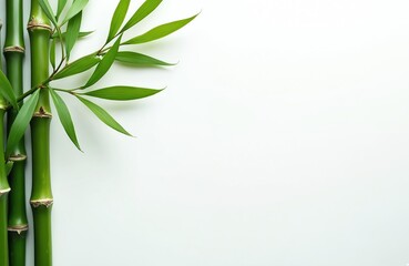 Poster - Top view of bamboo stem with fresh green leaves on light background. Minimalist style composition with space for text. Natural organic wellness concept for spa or aromatherapy promo banner.