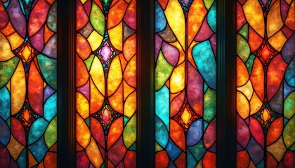 Fototapete - Seamless pattern background of colorful stained glass windows with vibrant color palette. Mosaic geometric abstract desigh. Illustration of art deco, texture, graphic design, ornament. Tile decor,