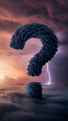 Fototapete - Dark cloud formation shaped as large question mark above cloudscape, sunset sky with lightning, symbolizing uncertainty, doubt, or mystery, ideal for conceptual designs