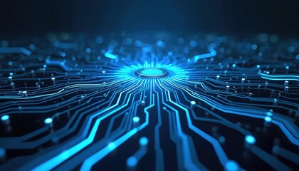 Leinwandbilder - Glowing blue circuit board in dark abstract space features light lines radiating outwards. Tech electricity digital background electronic energy concept. Innovation futuristic motherboard computer