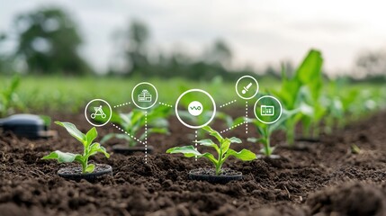 Poster - a digital and innovative agricultural scene showcasing the growth of corn seedlings in a precision f