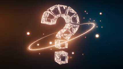 Aufkleber - Crystalline large question mark orbiting in space, glowing softly against a dark background, symbolizing mystery, inquiry, and the unknown, perfect for abstract concepts
