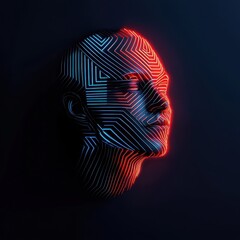 Fototapete - A stylized human face illuminated with blue and red neon lines, creating a futuristic and abstract appearance against a dark background.