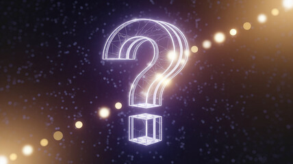 Poster - Glowing large question mark symbol, polygonal style, floating over a cube on dark background with bokeh lights, representing inquiry, uncertainty, and problem-solving
