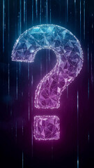 Poster - Glowing polygonal large question mark, purple and blue hues, on dark background with light streaks, symbolizes inquiry, uncertainty, or digital question