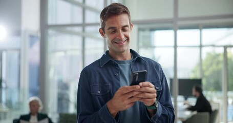 Poster - Office, happy and man with smartphone, browsing and market research for business, online and typing. Creative, brand manager and scrolling on social media on app, planning and person with mobile