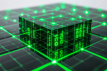 Poster - Glowing neon green digital cube with matrix code on a futuristic circuit grid. Abstract cyber design symbolizing AI, blockchain, big data, and programming in a sci-fi virtual world