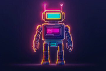 Poster - Futuristic neon robot in cyberpunk style with glowing neon outlines. Minimalist design with vibrant colors, representing AI, robotics, automation, and digital innovation in a sci-fi virtual world.