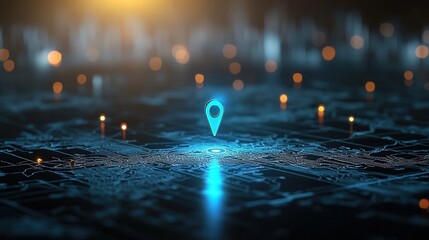 Poster - A vivid close up view of a glowing blue navigation pin against a dark atmospheric background suggesting a futuristic and digitally connected landscape  category Technology