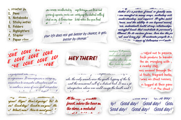 Wall Mural - ripped paper strips with handwritten text. realistic crumpled paper scraps with torn edges. shreds o