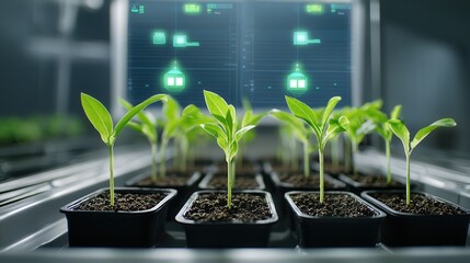 Poster - thriving young corn seedlings in a high tech data driven smart environment showcasing advanced agric
