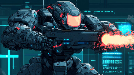 Fototapete - Character Cyborg in an abstract computer video game in menu frame, interface with buttons game menu. Interface computer video game about robotics battle. Screenshot of a video game. Pixels text menu.