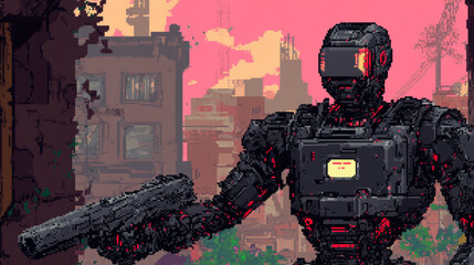 Fototapete - Character Cyborg in an abstract computer video game in menu frame, interface with buttons game menu. Interface computer video game about robotics battle. Screenshot of a video game. Pixels text menu.