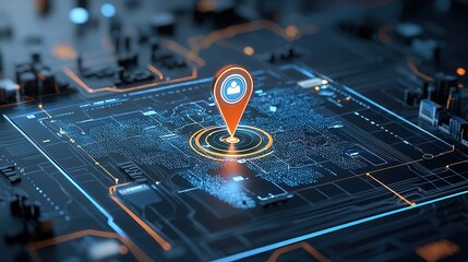 Poster - A futuristic high tech digital map interface featuring a glowing GPS pin representing advanced location tracking and navigation technology