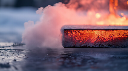 Wall Mural - a red-hot iron rod pressed against a frozen surface, creating a cloud of vapor where they meet.