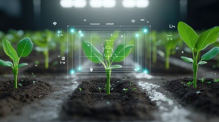 Poster - a futuristic technology driven agricultural scene showcasing healthy and thriving corn plants hintin