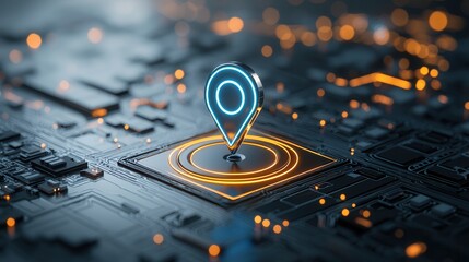 Poster - This futuristic digital depicts a close up view of a glowing navigation pin symbolizing advanced location tracking and mapping technology on a complex interconnected interface  category Technology