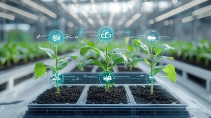 Poster - a cutting edge high tech agricultural facility featuring rows of young vibrant plants growing in a c