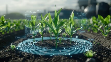 Poster - an innovative high tech farming concept featuring young corn plants growing in a data driven sustain