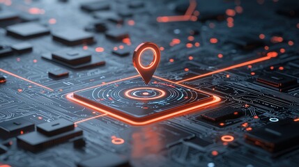 Poster - A detailed futuristic close up view of a navigation interface featuring a glowing location icon and various digital elements suggesting advanced technological capabilities and innovation