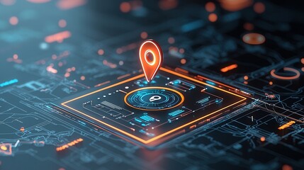 Poster - A detailed futuristic digital navigation interface with a glowing location marker and various data visualization elements