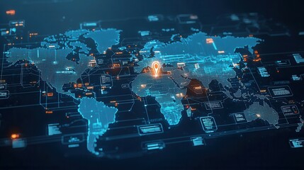 Poster - A digitally rendered world map showcasing a futuristic vision of global interconnectivity featuring rich blue tones and intricate data visualizations